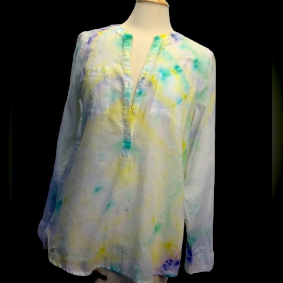 Up-cycled Tie-dye water color effect Med Blouse blue yellow - Picture 1 of 7